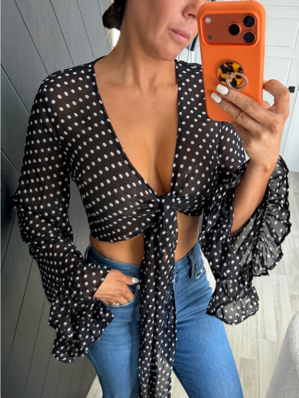 REVOLVE Black & White Polka Dot Tie-Front Sheer Crop Top
